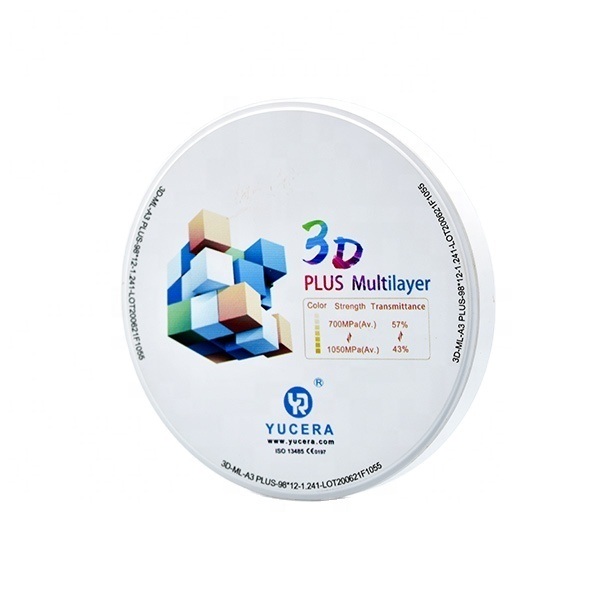 Cakram Zirkonia Gigi 98mm YUCERA 3D Multilayer | 1050MPa/43-57% Transmisi Cahaya | Bersertifikasi ISO 13356