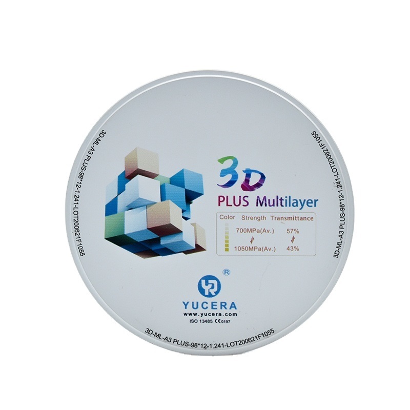 Cakram Zirkonia Gigi 98mm YUCERA 3D Multilayer | 1050MPa/43-57% Transmisi Cahaya | Bersertifikasi ISO 13356